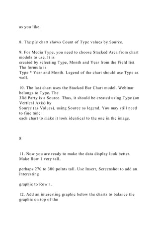 as you like.
8. The pie chart shows Count of Type values by Source.
9. For Media Type, you need to choose Stacked Area from chart
models to use. It is
created by selecting Type, Month and Year from the Field list.
The formula is
Type * Year and Month. Legend of the chart should use Type as
well.
10. The last chart uses the Stacked Bar Chart model. Webinar
belongs to Type. The
3Rd Party is a Source. Thus, it should be created using Type (on
Vertical Axis) by
Source (as Values), using Source as legend. You may still need
to fine tune
each chart to make it look identical to the one in the image.
8
11. Now you are ready to make the data display look better.
Make Row 1 very tall,
perhaps 270 to 300 points tall. Use Insert, Screenshot to add an
interesting
graphic to Row 1.
12. Add an interesting graphic below the charts to balance the
graphic on top of the
 