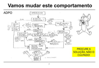 Vamos mudar este comportamento
2
ADPO
PROCURE A
SOLUÇÃO, NÃO O
CULPADO!
 