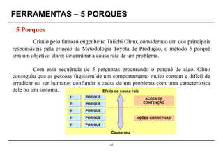 33
Criado pelo famoso engenheiro Taiichi Ohno, considerado um dos principais
responsáveis pela criação da Metodologia Toyota de Produção, o método 5 porquê
tem um objetivo claro: determinar a causa raiz de um problema.
Com essa sequência de 5 perguntas procurando o porquê de algo, Ohno
conseguiu que as pessoas fugissem de um comportamento muito comum e difícil de
erradicar no ser humano: confundir a causa de um problema com uma característica
dele ou um sintoma.
FERRAMENTAS – 5 PORQUES
5 Porques
 
