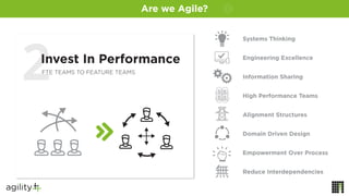 Invest In Performance
FTE TEAMS TO FEATURE TEAMS
Systems Thinking
Engineering Excellence
Information Sharing
High Performance Teams
Alignment Structures
Domain Driven Design
Empowerment Over Process
Reduce Interdependencies
Are we Agile?
 