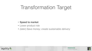 PRESENTATION
IIT AGILE PRACTICE
Transformation Target
• Speed to market
• Lower product risk
• (later) Save money; create sustainable delivery
 