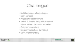 Challenges
• Multi-language, offshore teams
• Many vendors
• Project and cost overruns
• < 60% of feature parity with intended
sunset system; promised to market
• Endemic crunch time
• Mis-communication, low morale
• Us vs. them mentality
PRESENTATION
IIT AGILE PRACTICE
 