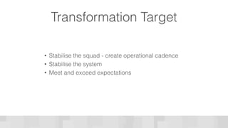 • Stabilise the squad - create operational cadence
• Stabilise the system
• Meet and exceed expectations
Transformation Target
 