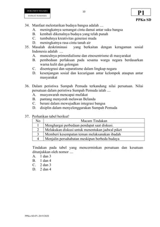 PPKn-SD-P1-2019/2020
10
DOKUMEN NEGARA
SANGAT RAHASIA
P1
PPKn SD
34. Manfaat melestarikan budaya bangsa adalah ....
A. meningkatnya semangat cinta damai antar suku bangsa
B. kembali dikenalnya budaya yang telah punah
C. tumbuhnya kreativitas generasi muda
D. meningkatnya rasa cinta tanah air
35. Masalah deskriminasi yang berkaitan dengan keragaman sosial
Indonesia adalah ....
A. munculnya primordialisme dan etnosentrisme di masyarakat
B. pembedaan perlakuan pada sesama warga negara berdasarkan
warna kulit dan golongan
C. disentegrasi dan separatisme dalam lingkup negara
D. kesenjangan sosial dan kecurigaan antar kelompok ataupun antar
masyarakat
36. Dalam peristiwa Sumpah Pemuda terkandung nilai persatuan. Nilai
persatuan dalam peristiwa Sumpah Pemuda ialah ....
A. musyawarah mencapai mufakat
B. pantang menyerah melawan Belanda
C. berani dalam mewujudkan integrasi bangsa
D. disiplin dalam menyelenggarakan Sumpah Pemuda
37. Perhatikan tabel berikut!
No Macam Tindakan
1 Menghargai perbedaan pendapat saat diskusi.
2 Melakukan diskusi untuk menentukan jadwal piket
3 Memberi kesempatan teman melaksanakan ibadah
4 Menjalin persahabatan meskipun berbeda budaya
Tindakan pada tabel yang mencerminkan persatuan dan kesatuan
ditunjukkan oleh nomor ....
A. 1 dan 3
B. 1 dan 4
C. 2 dan 3
D. 2 dan 4
 