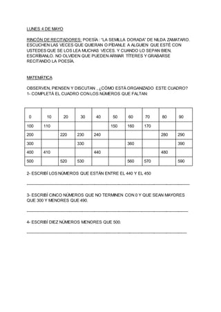 LUNES 4 DE MAYO
RINCÓN DE RECITADORES: POESÍA : “LA SEMILLA DORADA” DE NILDA ZAMATARO.
ESCUCHEN LAS VECES QUE QUIERAN O PÍ...