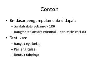 Contoh
• Berdasar pengumpulan data didapat:
– Jumlah data sebanyak 100
– Range data antara minimal 1 dan maksimal 80

• Tentukan:
– Banyak nya kelas
– Panjang kelas
– Bentuk tabelnya

 