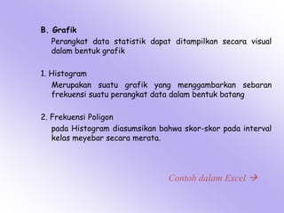 B. Grafik
Perangkat data statistik dapat ditampilkan secara visual
dalam bentuk grafik

1. Histogram
Merupakan suatu grafik yang menggambarkan sebaran
frekuensi suatu perangkat data dalam bentuk batang
2. Frekuensi Poligon
pada Histogram diasumsikan bahwa skor-skor pada interval
kelas meyebar secara merata.

Contoh dalam Excel 

 