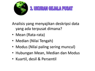 Analisis yang menyajikan deskripsi data
yang ada terpusat dimana?
• Mean (Rata-rata)
• Median (Nilai Tengah)
• Modus (Nilai paling sering muncul)
• Hubungan Mean, Median dan Modus
• Kuartil, desil & Persentil

 