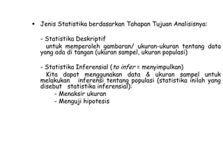  Jenis Statistika berdasarkan Tahapan Tujuan Analisisnya:
- Statistika Deskriptif
untuk memperoleh gambaran/ ukuran-ukuran tentang data
yang ada di tangan (ukuran sampel, ukuran populasi)
- Statistika Inferensial (to infer = menyimpulkan)
Kita dapat menggunakan data & ukuran sampel untuk
melakukan inferensi tentang populasi (statistika inilah yang
disebut statistika inferensial):
- Menaksir ukuran
- Menguji hipotesis

 