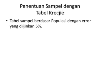 Penentuan Sampel dengan
Tabel Krecjie
• Tabel sampel berdasar Populasi dengan error
yang diijinkan 5%.

 