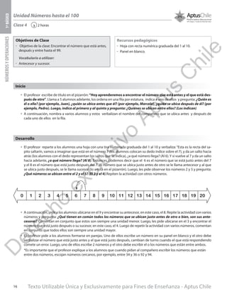 Texto Utilizable Única y Exclusivamente para Fines de Enseñanza - Aptus Chile16
Unidad Números hasta el 100
NÚMEROSYOPERACIONES1ºBÁSICO
2 horas‹Clase 4
Objetivos de Clase
űű Objetivo de la clase: Encontrar el número que está antes,
después y entre hasta el 99.
Vocabulario a utilizar:
űű Antecesor y sucesor.
Recursos pedagógicos
űű Hoja con recta numérica graduada del 1 al 10.
űű Panel en blanco.
Inicio
•	 El profesor escribe de título en el pizarrón: “Hoy aprenderemos a encontrar el número que está antes y el que está des-
pués de otro”. Llama a 5 alumnos adelante, los ordena en una fila por estatura, indica a uno de ellos y pregunta: ¿Quién es
él o ella? (por ejemplo, Juan), ¿quién se ubica antes que él? (por ejemplo, Marcela), ¿quién se ubica después de él? (por
ejemplo, Pedro). Luego, indica al primero y al quinto y pregunta: ¿Quiénes se ubican entre ellos? (Los indican)
•	 A continuación, nombra a varios alumnos y estos verbalizan el nombre del compañero que se ubica antes y después de
cada uno de ellos en la fila.
•	 El profesor reparte a los alumnos una hoja con una tira numerada graduada del 1 al 10 y verbaliza:“Esta es la recta del sa-
pito saltarín, vamos a imaginar que está en el número 7 (los alumnos colocan su dedo índice sobre el 7), y da un salto hacia
atrás (los alumnos con el dedo representan los saltos que se indica), ¿a qué número llega? (Al 6).Y si vuelve al 7 y da un salto
hacia adelante, ¿a qué número llega? (Al 8). Entonces, podemos decir que el 6 es el número que se está justo antes del 7
y el 8 es el número que está justo después del 7. Al número que se ubica justo antes de otro se le llama antecesor y al que
se ubica justo después, se le llama sucesor (lo anota en el pizarrón). Luego, les pide observar los números 2 y 5 y pregunta:
¿Qué números se ubican entre el 2 y el 5? (El 3 y el 4).Repiten la actividad con otros números.
•	 A continuación, pide a los alumnos ubicarse en el 9 y encontrar su antecesor, en este caso, el 8. Repite la actividad con varios
números y pregunta: ¿Qué tienen en común todos los números que se ubican justo antes de otro o bien, son sus ante-
cesores? Comentan en conjunto que estos son siempre una unidad menor. Luego, les pide ubicarse en el 3 y encontrar el
número que está justo después o su sucesor, en este caso, el 4. Luego de repetir la actividad con varios números, comentan
en conjunto que todos ellos son siempre una unidad mayor.
•	 El profesor pide a los alumnos formarse en parejas. Uno de ellos escribe un número en su panel en blanco y el otro debe
verbalizar el número que está justo antes y el que está justo después, cambian de turno cuando el que está respondiendo
comete un error. Luego, uno de ellos escribe 2 números y el otro debe escribir el o los números que están entre ambos.
*Es importante que el profesor explique a los alumnos que cuando pidan al compañero escribir los números que están
entre dos números, escojan números cercanos, por ejemplo, entre 34 y 36 o 92 y 94.
Desarrollo
0 1 2 3 4 5 6 7 8 9 10 11 12 13 14 15 16 17 18 19 20
D
erecho
exclusivo
Aptus
C
hile
 
