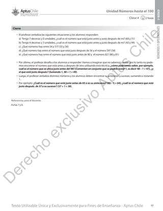 Texto Utilizable Única y Exclusivamente para Fines de Enseñanza - Aptus Chile 17
Unidad Números hasta el 100
NÚMEROSYOPERACIONES1ºBÁSICO
2 horas‹Clase 4
•	 El profesor verbaliza las siguientes situaciones y los alumnos responden:
a)	 Tengo 7 decenas y 0 unidades, ¿cuál es el número que está justo antes y justo después de mi? (69 y 71)
b)	Tengo 4 decenas y 3 unidades, ¿cuál es el número que está justo antes y justo después de mi? (42 y 44)
c)	 ¿Qué números hay entre 54 y 57? (55 y 56)
d)	¿Qué número hay entre el número que está justo después de 56 y el número 59? (58)
e)	¿Qué números hay entre el número que está justo antes de 80 y el número 82? (80 y 81)
•	 Por último, el profesor desafía a los alumnos a responder: Vamos a imaginar que no sabemos contar, por lo tanto no pode-
mos encontrar el número que está antes o después de otro utilizando esta técnica, ¿cómo podríamos saber, por ejemplo,
cuál es el número que se ubica justo antes del 48? (Comentan en conjunto que se podría restar 1, es decir 48 – 1 = 47), ¿y
el que está justo después? (Sumando 1, 48 + 1 = 49).
•	 Luego, el profesor verbaliza distintos números y los alumnos deben encontrar su antecesor y sucesor, sumando o restando
1.
•	 Por ejemplo: ¿Cuál es el número que está justo antes de 65 o es su antecesor? (65 – 1 = 64), ¿cuál es el número que está
justo después de 37 o su sucesor? (37 + 1 = 38).
Cierre
Referencias para el docente:
Fichas 7 y 8.
D
erecho
exclusivo
Aptus
C
hile
 