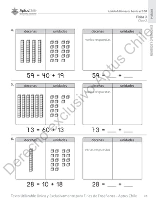 Texto Utilizable Única y Exclusivamente para Fines de Enseñanza - Aptus Chile 31
NÚMEROSYOPERACIONES1ºBÁSICO
Unidad Números hasta el 100
Clase 2
Ficha 3
4.
5.
6.
decenas unidades decenas unidades
59 = 40 + 19 59 = +
decenas unidades decenas unidades
73 = 60 + 13 73 = +
decenas unidades decenas unidades
28 = 10 + 18 28 = +
varias respuestas
varias respuestas
varias respuestas
D
erecho
exclusivo
Aptus
C
hile
 