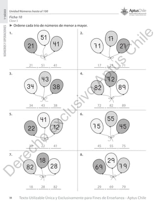 Texto Utilizable Única y Exclusivamente para Fines de Enseñanza - Aptus Chile38
NÚMEROSYOPERACIONES1ºBÁSICO
Unidad Números hasta el 100
Clase 5
Ficha 10
1.
3.
5.
7.
2.
4.
6.
8.
►► Ordene cada trío de números de menor a mayor.
, ,
, ,
, ,
, ,
, ,
, ,
, ,
, ,
21
51
41 71
17
27
43
3834 82
72
89
22
41
12 75
55
45
82
18
28 69
29
79
21 51 41
34 43 38
12 22 41
18 28 82
17 27 71
72 82 89
45 55 75
29 69 79
D
erecho
exclusivo
Aptus
C
hile
 