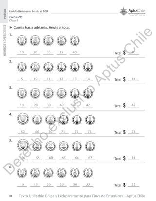 Texto Utilizable Única y Exclusivamente para Fines de Enseñanza - Aptus Chile48
NÚMEROSYOPERACIONES1ºBÁSICO
Unidad Números hasta el 100
Ficha 20
Clase 9
►► Cuente hacia adelante. Anote el total.
1.
2.
3.
4.
5.
6.
Total $
Total $
Total $
Total $
Total $
Total $
10
5
10
50
50
10
20
10
20
60
55
15
30
11
30
70
60
20
35
12
40
71
65
25
40
13
41
72
66
30
14
42
73
67
35
42
73
14
35
14
40
D
erecho
exclusivo
Aptus
C
hile
 