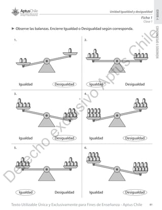 Texto Utilizable Única y Exclusivamente para Fines de Enseñanza - Aptus Chile 61
NÚMEROSYOPERACIONES1ºBÁSICO
Unidad Igualdad y desigualdad
Ficha 1
Clase 1
►► Observe las balanzas. Encierre Igualdad o Desigualdad según corresponda.
1. 2.
3.
5.
4.
6.
DesigualdadIgualdad DesigualdadIgualdad
DesigualdadIgualdad DesigualdadIgualdad
DesigualdadIgualdad DesigualdadIgualdad
D
erecho
exclusivo
Aptus
C
hile
 
