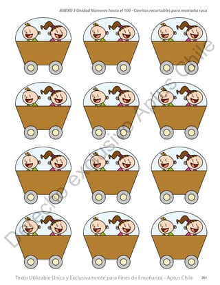 Texto Utilizable Única y Exclusivamente para Fines de Enseñanza - Aptus Chile 261
ANEXO 3 Unidad Números hasta el 100 - Carritos recortables para montaña rusaD
erecho
exclusivo
Aptus
C
hile
 