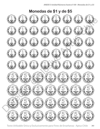 Texto Utilizable Única y Exclusivamente para Fines de Enseñanza - Aptus Chile 263
ANEXO 5 Unidad Números hasta el 100 - Monedas de $1 y $5
Monedas de $1 y de $5
D
erecho
exclusivo
Aptus
C
hile
 