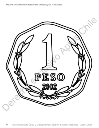 Texto Utilizable Única y Exclusivamente para Fines de Enseñanza - Aptus Chile266
ANEXO 8 Unidad Números hasta el 100 - Monedas para el modeladoD
erecho
exclusivo
Aptus
C
hile
 