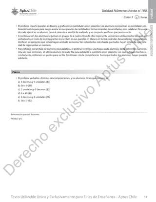 Texto Utilizable Única y Exclusivamente para Fines de Enseñanza - Aptus Chile 15
Unidad Números hasta el 100
NÚMEROSYOPERACIONES1ºBÁSICO
2 horas‹Clase 3
•	 El profesor verbaliza distintas descomposiciones y los alumnos dicen qué número es:
a)	 4 decenas y 7 unidades (47)
b)	30 + 9 (39)
c)	 2 unidades y 5 decenas (52)
d)	6 + 40 (46)
e)	6 decenas y 6 unidades (66)
f)	 70 + 7 (77)
Cierre
Referencias para el docente:
Fichas 5 y 6.
•	 El profesor reparte paneles en blanco y grafica otras cantidades en el pizarrón. Los alumnos representan las cantidades uti-
lizando sus bloques para luego anotar en sus paneles la cantidad en forma estándar, desarrollada y con palabras. Después
de cada ejercicio, un alumno pasa al pizarrón a escribir lo realizado y en conjunto verifican que sea correcto.
•	 A continuación, los alumnos se juntan en grupos de a cuatro. Uno de ellos representa un número utilizando los bloques sin
verbalizarlo, el resto de los integrantes lo escriben en sus paneles en blanco en forma estándar, desarrollada y con palabras.
Verifican en conjunto que todos hayan anotado lo mismo. Van rotando los roles hasta que todos hayan tenido la oportuni-
dad de representar un número.
•	 Para reforzar la escritura de números con palabras, el profesor entrega una hoja a cada alumno y dicta diferentes números.
Una vez que terminan, el último alumno de cada fila pasa adelante a escribirlo en el pizarrón. Los que lo hayan hecho co-
rrectamente, obtienen un punto para su fila. Continúan con la competencia hasta que todos los alumnos hayan pasado
adelante.
D
erecho
exclusivo
Aptus
C
hile
 