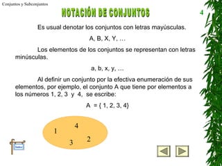 Conjuntos y Subconjuntos

                                                                          4
                  Es usual denotar los conjuntos con letras mayúsculas.
                                        A, B, X, Y, …
             Los elementos de los conjuntos se representan con letras
      minúsculas.
                                           a, b, x, y, …
             Al definir un conjunto por la efectiva enumeración de sus
      elementos, por ejemplo, el conjunto A que tiene por elementos a
      los números 1, 2, 3 y 4, se escribe:
                                       A = { 1, 2, 3, 4}


                                   4
                           1
                               3       2
      Índice
 