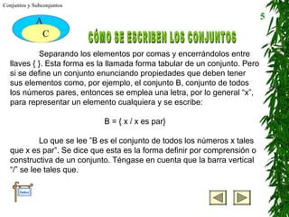 Conjuntos y Subconjuntos

               A                                                            5
                C

           Separando los elementos por comas y encerrándolos entre
  llaves { }. Esta forma es la llamada forma tabular de un conjunto. Pero
  si se define un conjunto enunciando propiedades que deben tener
  sus elementos como, por ejemplo, el conjunto B, conjunto de todos
  los números pares, entonces se emplea una letra, por lo general “x”,
  para representar un elemento cualquiera y se escribe:

                            B = { x / x es par}

           Lo que se lee ”B es el conjunto de todos los números x tales
  que x es par”. Se dice que esta es la forma definir por comprensión o
  constructiva de un conjunto. Téngase en cuenta que la barra vertical
  “/” se lee tales que.

      Índice
 