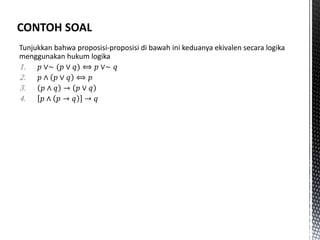 Tunjukkan bahwa proposisi-proposisi di bawah ini keduanya ekivalen secara logika
menggunakan hukum logika
1. 𝑝 ∨∼ (𝑝 ∨ 𝑞) ⟺ 𝑝 ∨∼ 𝑞
2. 𝑝 ∧ 𝑝 ∨ 𝑞 ⟺ 𝑝
3. 𝑝 ∧ 𝑞 → 𝑝 ∨ 𝑞
4. 𝑝 ∧ 𝑝 → 𝑞 → 𝑞
 