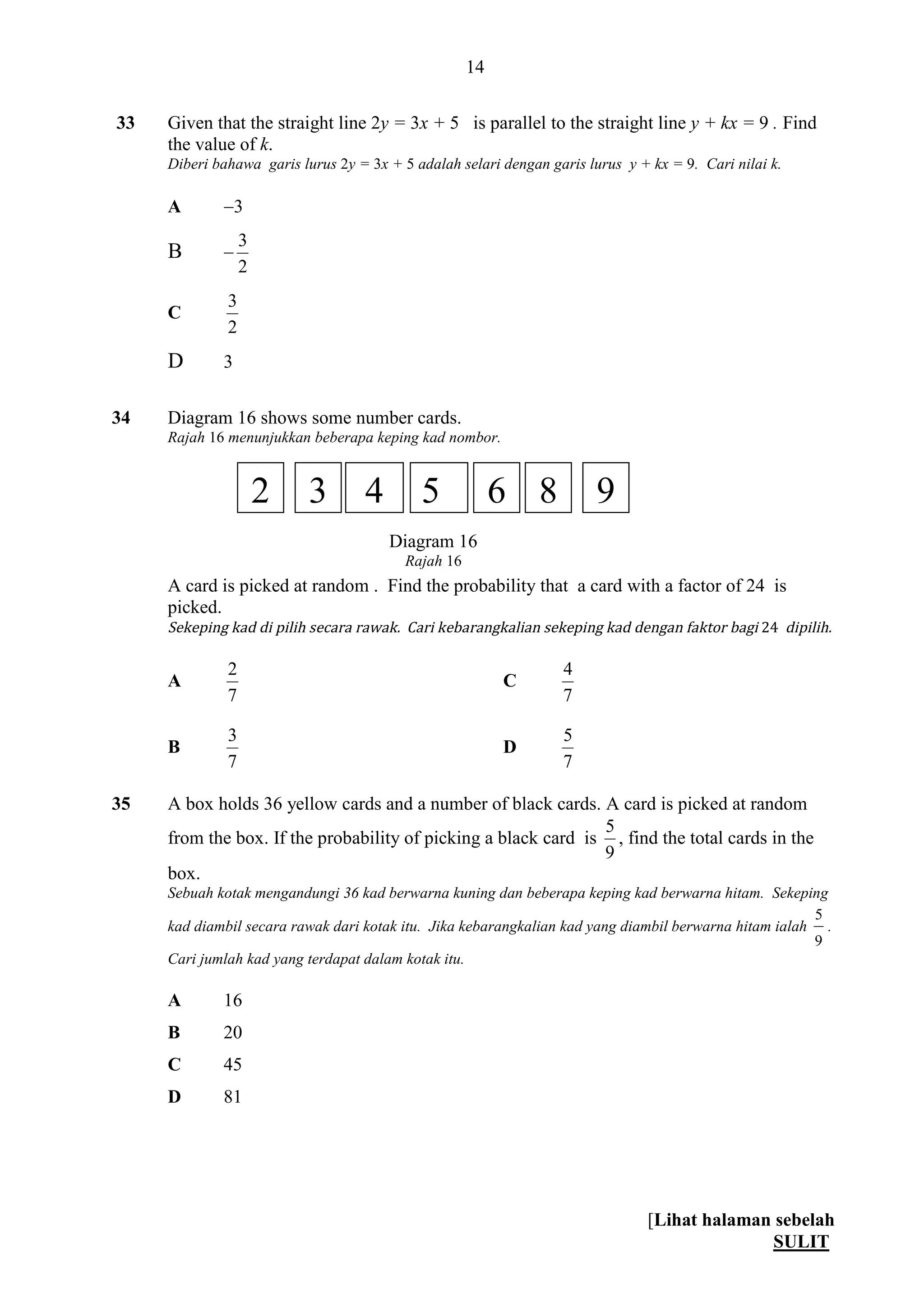 [Lihat halaman sebelah
SULIT
14
33 Given that the straight line 2y = 3x + 5 is parallel to the straight line y + kx = 9 . Find
the value of k.
Diberi bahawa garis lurus 2y = 3x + 5 adalah selari dengan garis lurus y + kx = 9. Cari nilai k.
A 3
B 
2
3
C
2
3
D 3
34 Diagram 16 shows some number cards.
Rajah 16 menunjukkan beberapa keping kad nombor.
A card is picked at random . Find the probability that a card with a factor of 24 is
picked.
Sekeping kad di pilih secara rawak. Cari kebarangkalian sekeping kad dengan faktor bagi 24 dipilih.
A
7
2
C
7
4
B
7
3
D
7
5
35 A box holds 36 yellow cards and a number of black cards. A card is picked at random
from the box. If the probability of picking a black card is
9
5
, find the total cards in the
box.
Sebuah kotak mengandungi 36 kad berwarna kuning dan beberapa keping kad berwarna hitam. Sekeping
kad diambil secara rawak dari kotak itu. Jika kebarangkalian kad yang diambil berwarna hitam ialah
9
5
.
Cari jumlah kad yang terdapat dalam kotak itu.
A 16
B 20
C 45
D 81
2 3 4 5 6 8 9
Diagram 16
Rajah 16
 