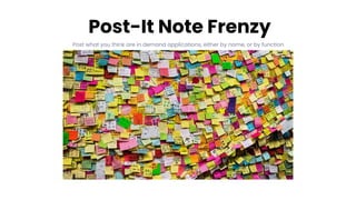 Post-It Note Frenzy
Post what you think are in demand applications, either by name, or by function
 