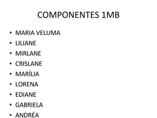 COMPONENTES 1MB MARIA VELUMA LILIANE MIRLANE CRISLANE MARÍLIA LORENA EDIANE GABRIELA ANDRÉA 