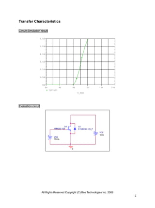 Transfer Characteristics

Circuit Simulation result

                     6.0A


                     5.0A


                     4.0A


                     3.0A


                     2.0A


                     1.0A


                       0A
                            0V             4V      8V           12V     16V     20V
                                 I(U1:C)
                                                        V_VGE




Evaluation circuit




                                              U1        U2
                                     1MB03D-120         D1MB03D-120_P
                                                                        VCE
                                                                        5Vdc
                                     VGE
                                     15Vdc




                                                   0




                      All Rights Reserved Copyright (C) Bee Technologies Inc. 2009
                                                                                      2
 