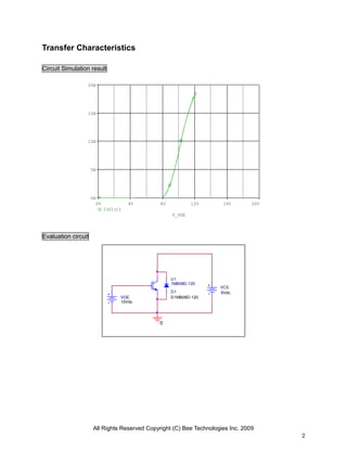 Transfer Characteristics

Circuit Simulation result

                 20A




                 15A




                 10A




                     5A




                     0A
                       0V             4V       8V           12V       16V        20V
                            I(U1:C)
                                                    V_VGE



Evaluation circuit




                                                    U1
                                                    1MB08D-120
                                                                     VCE
                                                    D1               5Vdc
                                  VGE               D1MB08D-120
                                  15Vdc




                                              0




                      All Rights Reserved Copyright (C) Bee Technologies Inc. 2009
                                                                                       2
 