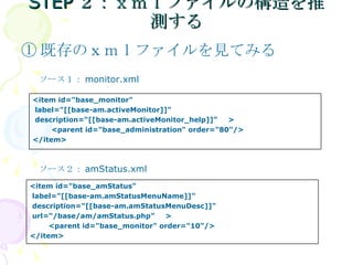 STEP２：ｘｍｌファイルの構造を推測する ① 既存のｘｍｌファイルを見てみる ソース１： monitor.xml ソース２： amStatus.xml <item id="base_monitor" label="[[base-am.activeMonitor]]" description=“[[base-am.activeMonitor_help]]” 　 > <parent id="base_administration" order="80"/> </item> <item id="base_amStatus" label="[[base-am.amStatusMenuName]]" description="[[base-am.amStatusMenuDesc]]" url=“/base/am/amStatus.php” 　 > <parent id="base_monitor" order="10"/> </item> 