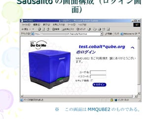 Sausalitoの画面構成（ログイン画面） ※ 　この画面は MMQUBE2 のものである。 test.cobalt*qube.org 