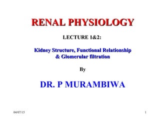 04/07/15 1
RENAL PHYSIOLOGYRENAL PHYSIOLOGY
LECTURE 1&2:LECTURE 1&2:
Kidney Structure, Functional RelationshipKidney Structure, Functional Relationship
& Glomerular filtration& Glomerular filtration
By
DR. P MURAMBIWA
 