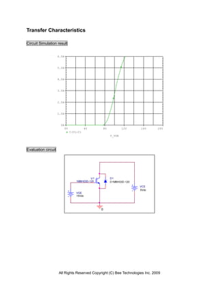 Transfer Characteristics

Circuit Simulation result


                     6.0A



                     5.0A



                     4.0A



                     3.0A



                     2.0A



                     1.0A



                       0A
                            0V             4V          8V           12V    16V    20V
                                 I(U1:C)
                                                            V_VGE




Evaluation circuit




                                              U1            D1
                                     1MBH03D-120            D1MBH03D-120
                                                                           VCE
                                                                           5Vdc
                                     VGE
                                     15Vdc




                                                   0




                     All Rights Reserved Copyright (C) Bee Technologies Inc. 2009
 