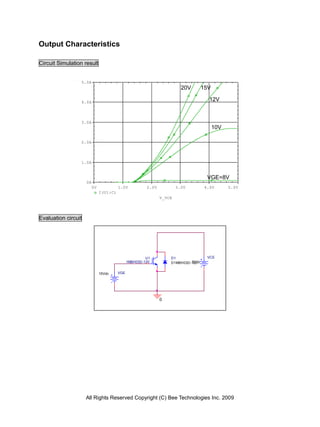 Output Characteristics

Circuit Simulation result


                 5.0A
                                                                         20V       15V

                 4.0A
                                                                                      12V


                 3.0A
                                                                                         10V

                 2.0A




                 1.0A


                                                                                     VGE=8V
                     0A
                          0V             1.0V           2.0V           3.0V         4.0V       5.0V
                               I(U1:C)
                                                               V_VCE




Evaluation circuit




                                                        U1         D1                VCE
                                               1MBH03D-120                  5Vdc
                                                                   D1MBH03D-120


                               15Vdc     VGE




                                                               0




                     All Rights Reserved Copyright (C) Bee Technologies Inc. 2009
 