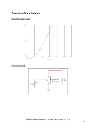 Saturation Characteristics

Circuit Simulation result


                 20A




                 10A




                     0A
                       0V            1.0V     2.0V    3.0V        4.0V      5.0V    6.0V
                            I(IC)
                                                     V(IC:-)




Evaluation circuit




                                                             U1
                                                             1MBH10D-060     IC
                                                             D1              0Adc
                                                             D1MBH10D-060
                                        VGE
                             15Vdc




                                                       0




                      All Rights Reserved Copyright (C) Bee Technologies Inc. 2010
                                                                                           6
 