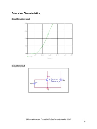 Saturation Characteristics

Circuit Simulation result

                 20A




                 15A




                 10A




                     5A




                     0A
                       0V            1.0V    2.0V    3.0V        4.0V       5.0V   6.0V
                            I(IC)
                                                    V(IC:-)




Evaluation circuit




                                                         U1
                                                         1MBH10D-120       IC
                                                         U2                0Adc
                                                         D1MBH10D-120_SP
                                       VGE
                             15Vdc




                                                     0




                      All Rights Reserved Copyright (C) Bee Technologies Inc. 2010
                                                                                          6
 