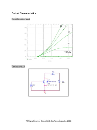 Output Characteristics

Circuit Simulation result


                                                                           20       15
                 50A
                                                                            V           V
                                                                                             12
                 40A
                                                                                             V

                 30A



                                                                                            10
                 20A
                                                                                             V

                 10A
                                                                                        VGE=8V

                     0A
                          0V             1.0V   2.0V          3.0V        4.0V              5.0V
                               I(R1)
                                                           V_VCE




Evaluation circuit

                                                                   R1

                                                              0.001m




                                                           U1
                                                           1MBH15D-120           VCE
                                                                                 5Vdc
                                                           D1
                                       VGE                 D1MBH15D-120
                                       0




                                                       0




                      All Rights Reserved Copyright (C) Bee Technologies Inc. 2009
 