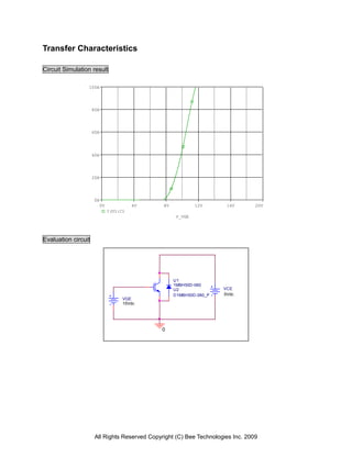 Transfer Characteristics

Circuit Simulation result

                 100A




                     80A




                     60A




                     40A




                     20A




                     0A
                       0V             4V       8V           12V       16V        20V
                            I(U1:C)
                                                    V_VGE




Evaluation circuit




                                                    U1
                                                    1MBH50D-060
                                                    U2               VCE
                                                    D1MBH50D-060_P   5Vdc
                                  VGE
                                  15Vdc




                                              0




                      All Rights Reserved Copyright (C) Bee Technologies Inc. 2009
 