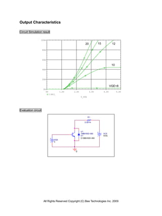 Output Characteristics

Circuit Simulation result

                 100A
                                                         20          15           12

                     80A                                 V           V            V


                     60A

                                                                                  10
                     40A                                                          V


                     20A


                                                                                 VGE=8
                     0A
                       0V             1.0V    2.0V            3.0V        4.0V    V    5.0V
                            I(R1)
                                                     V_VCE




Evaluation circuit

                                                             R1

                                                        0.001m




                                                     U1
                                                     1MBH50D-060          VCE
                                                     D1                   5Vdc
                                                     D1MBH50D-060
                                VGE
                                0




                                               0




                      All Rights Reserved Copyright (C) Bee Technologies Inc. 2009
 