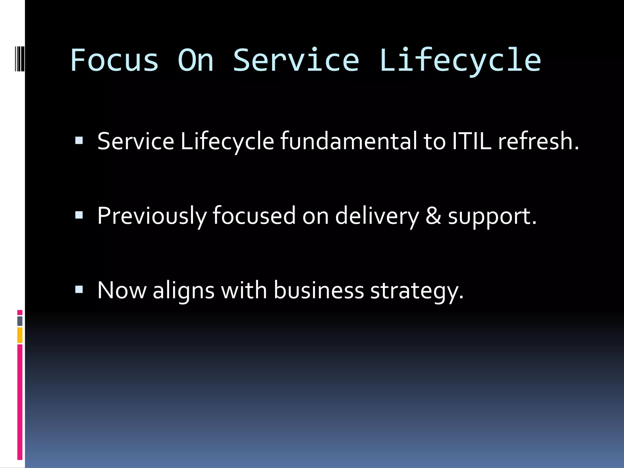 Service Lifecycle StagesService StrategyService DesignService TransitionService OperationContinual Service ImprovementService LifecyclePolicy/GuidelinesFeedback & Improvements