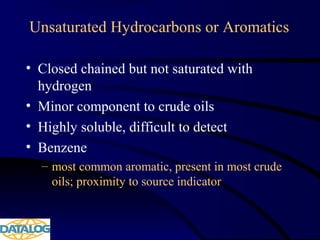 Unsaturated Hydrocarbons or Aromatics
• Closed chained but not saturated with
hydrogen
• Minor component to crude oils
• Highly soluble, difficult to detect
• Benzene
– most common aromatic, present in most crude
oils; proximity to source indicator
 