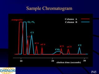 Sample Chromatogram
10 20 30
elution time (seconds)
O2+N2
C1
CO2
C2
C3
iC4
nC4
iC5 nC5
composite Column A
Column B
P45
 