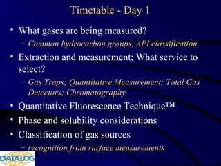 Timetable - Day 1
• What gases are being measured?
– Common hydrocarbon groups, API classification
• Extraction and measurement; What service to
select?
– Gas Traps; Quantitative Measurement; Total Gas
Detectors; Chromatography
• Quantitative Fluorescence Technique™
• Phase and solubility considerations
• Classification of gas sources
– recognition from surface measurements
 