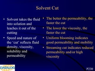 Solvent Cut
• Solvent takes the fluid
into solution and
leaches it out of the
cutting
• Speed and nature of
the ‘cut’ reflects fluid
density, viscosity,
solubility and
permeability
• The better the permeability, the
faster the cut
• The lower the viscosity, the
faster the cut
• Uniform blooming indicates
good permeability and mobility
• Streaming cut indicates reduced
permeability and/or high
viscosity
P230
 