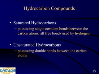 Hydrocarbon Compounds
• Saturated Hydrocarbons
– possessing single covalent bonds between the
carbon atoms; all free bonds used by hydrogen
• Unsaturated Hydrocarbons
– possessing double bonds between the carbon
atoms
P9
 