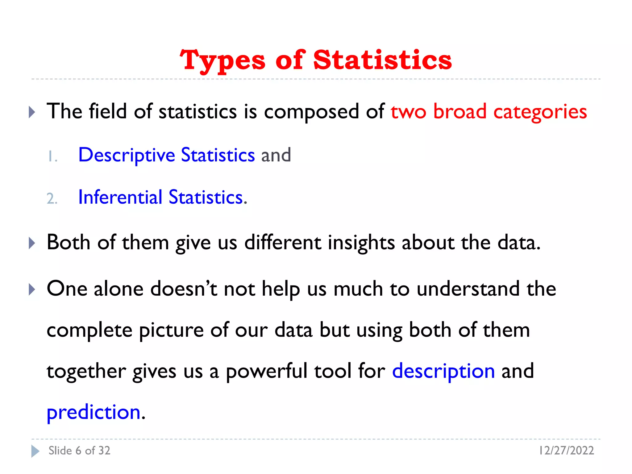 Types of Statistics
 The field of statistics is composed of two broad categories
1. Descriptive Statistics and
2. Inferential Statistics.
 Both of them give us different insights about the data.
 One alone doesn’t not help us much to understand the
complete picture of our data but using both of them
together gives us a powerful tool for description and
prediction.
12/27/2022
Slide 6 of 32
 