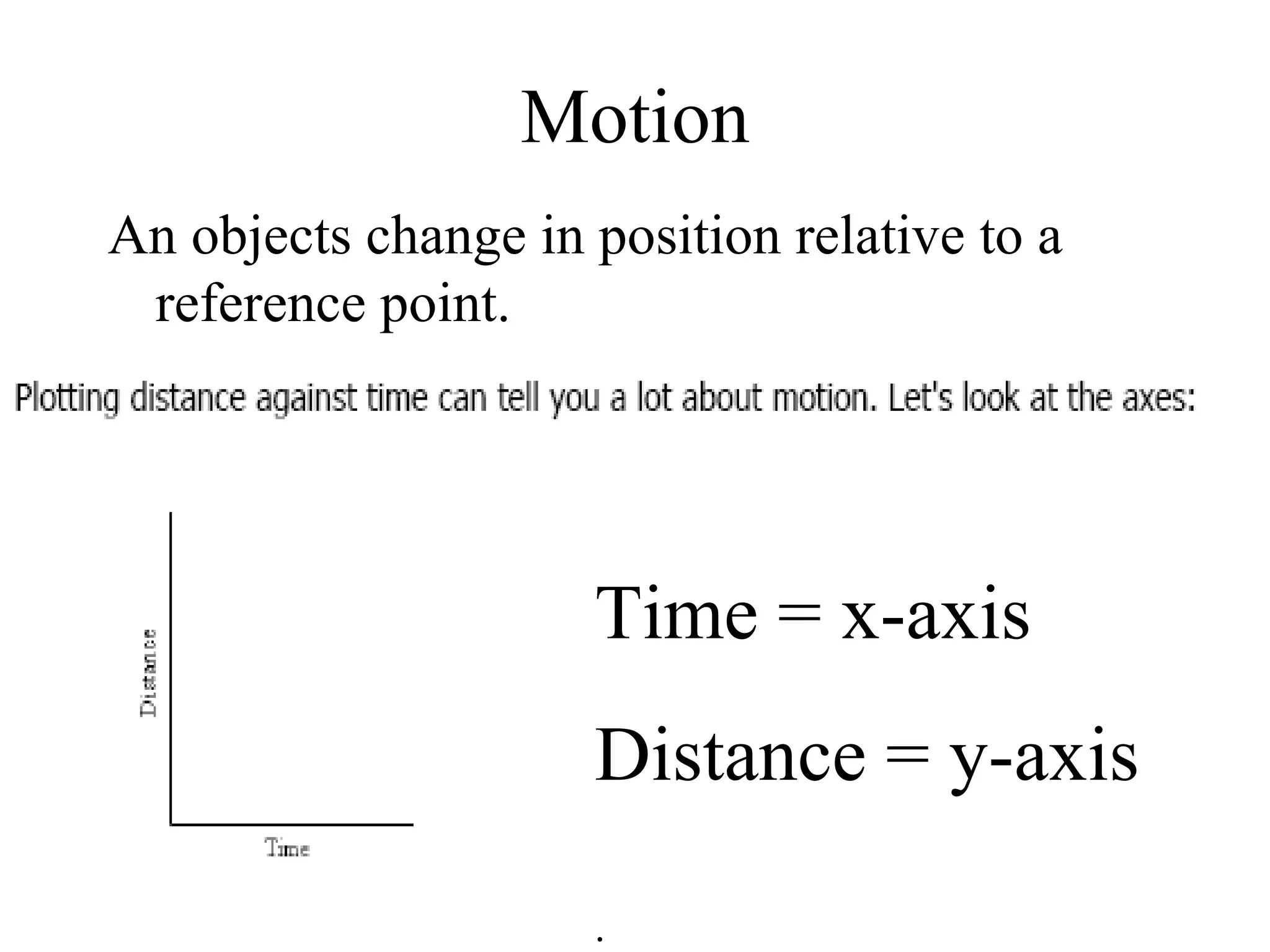 Motion An objects change in position relative to a reference point. Time = x-axis Distance = y-axis . 